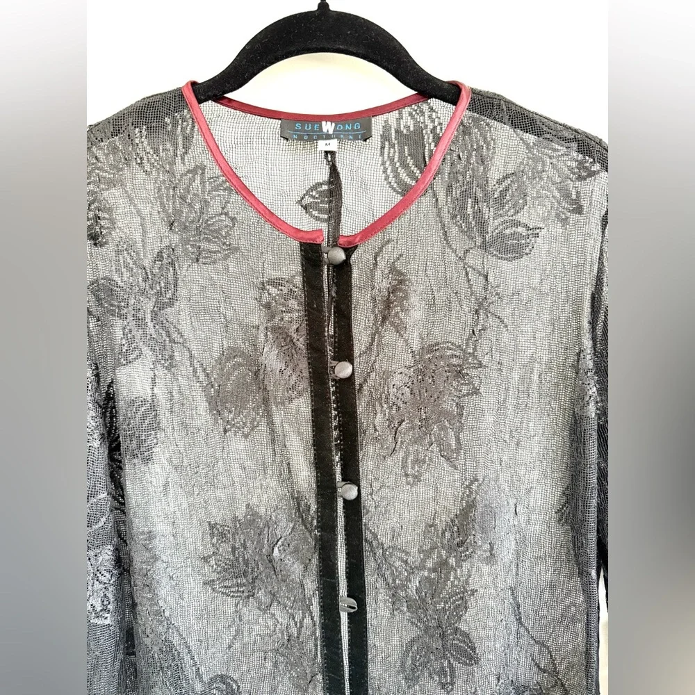 Sue Wong Nocturne Vintage 90s Black Lace Cardigan Jacket Coat Velvet Trim Sz M - Picture 5 of 13